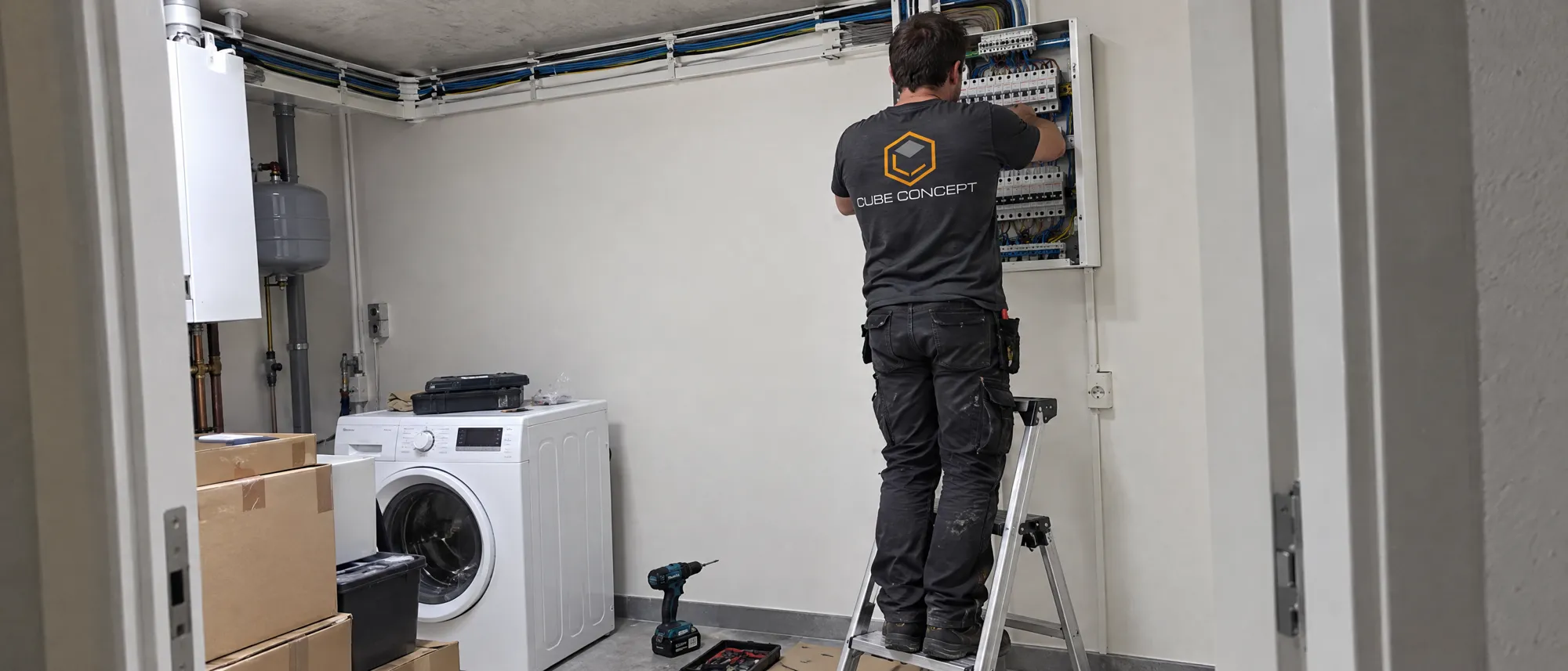 Illustration&nbsp;: électricien de dos câblant un tableau dans un local technique