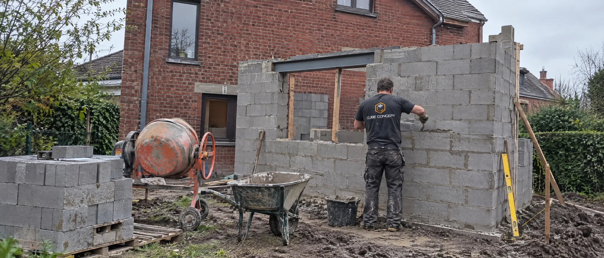 Illustration&nbsp;: maçon montant les murs en blocs d'une extension de maison